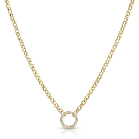 Close up of EF-Collection Rolo Chain Diamond Enhanced Necklace in yellow gold on white background