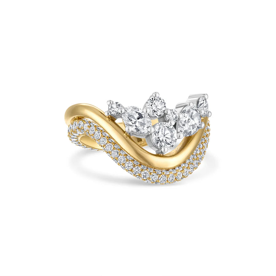 Rosario Navia Mara Medium Curved Ring I in yellow gold on white background with pave diamond ring.