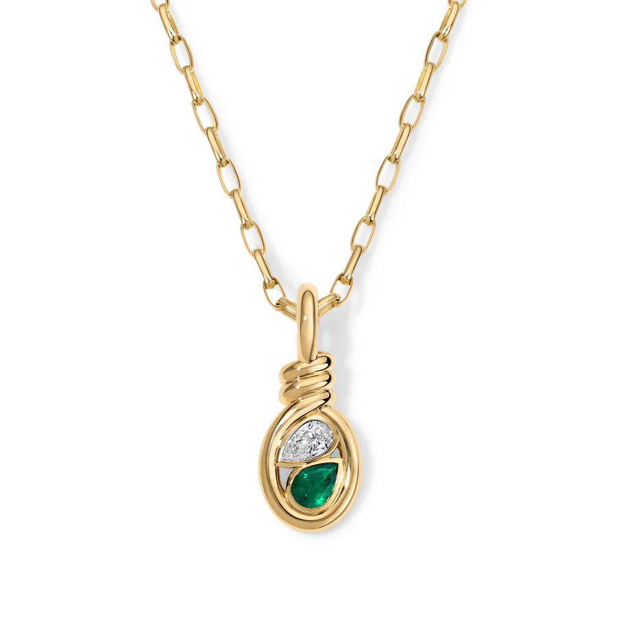 Rosario Navia Twist Two Stone Pendant Diamond & Emerald in yellow gold on white background