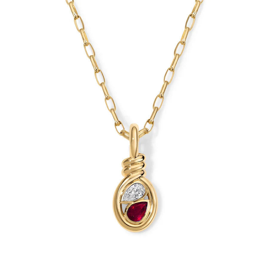 Rosario Navia Twist Two-Stone Pendant - Diamond & Ruby in yellow gold on white background