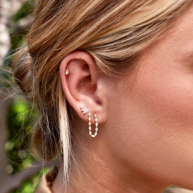 EF Collection Single Pavé Diamond Marquise Double Stud Earring in yellow gold styled on models ear.