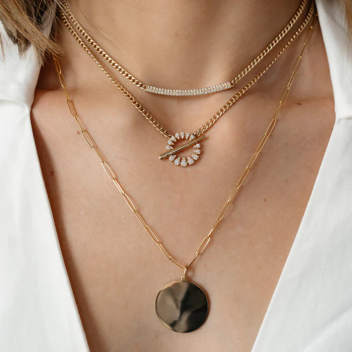 Dana Rebecca Designs Sophia Ryan Cuban Chain Toggle Necklace in yellow gold styled on models neck