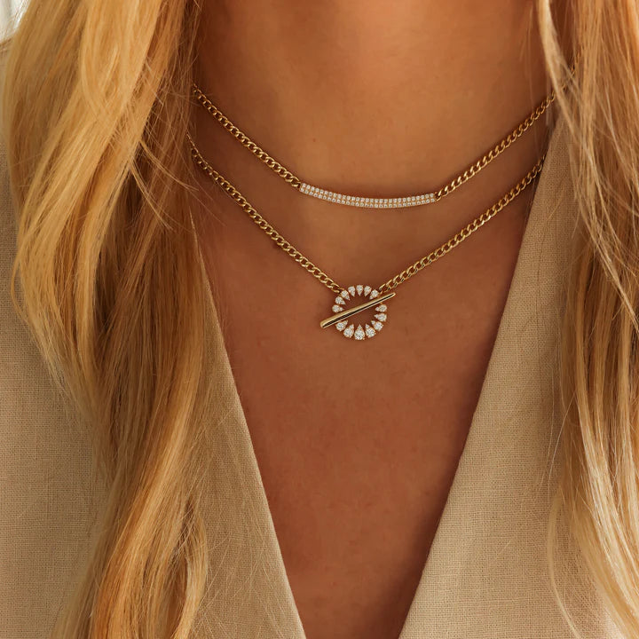 Dana Rebecca Designs Sophia Ryan Cuban Chain Toggle Necklace in yellow gold styled on models neck with diamond bar chain necklace