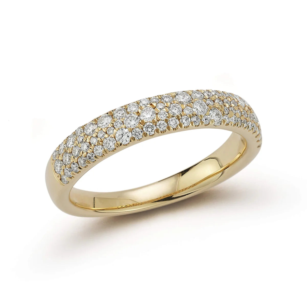 Dana Rebecca Designs Poppy Rae Bezel Pear Ring Sylvie Rose Large Pavé Ring on white background in yellow gold