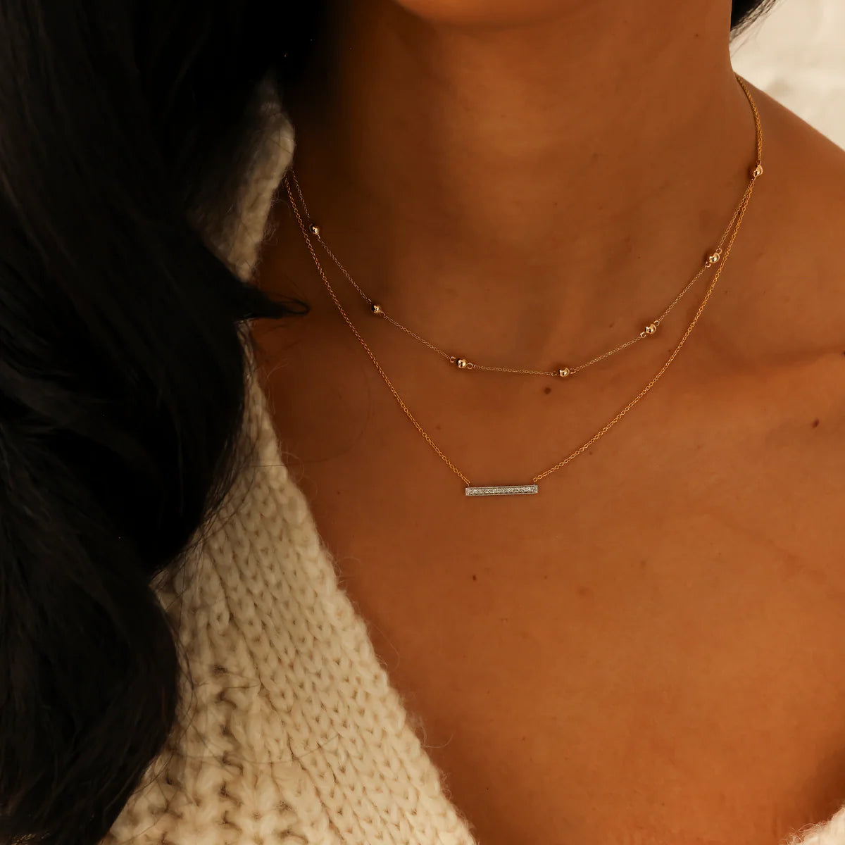 close up of Dana Rebecca Designs Sylvie Rose 14K Yellow Gold Medium Bar Necklace