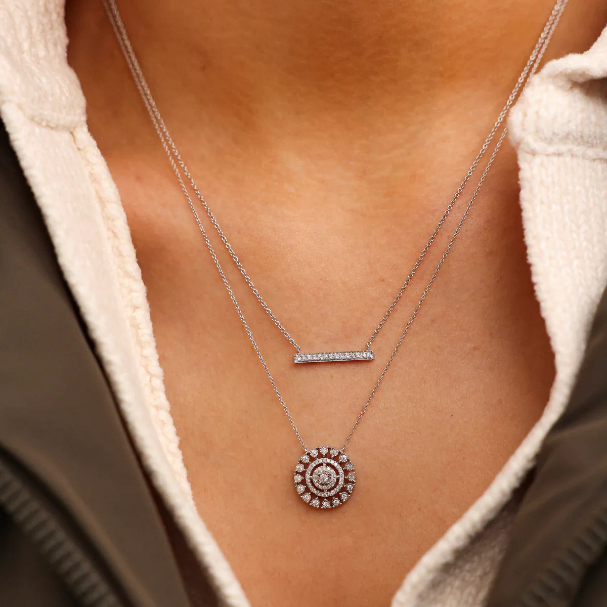 close up of Sylvie Rose 14K white Gold Medium Bar Necklace