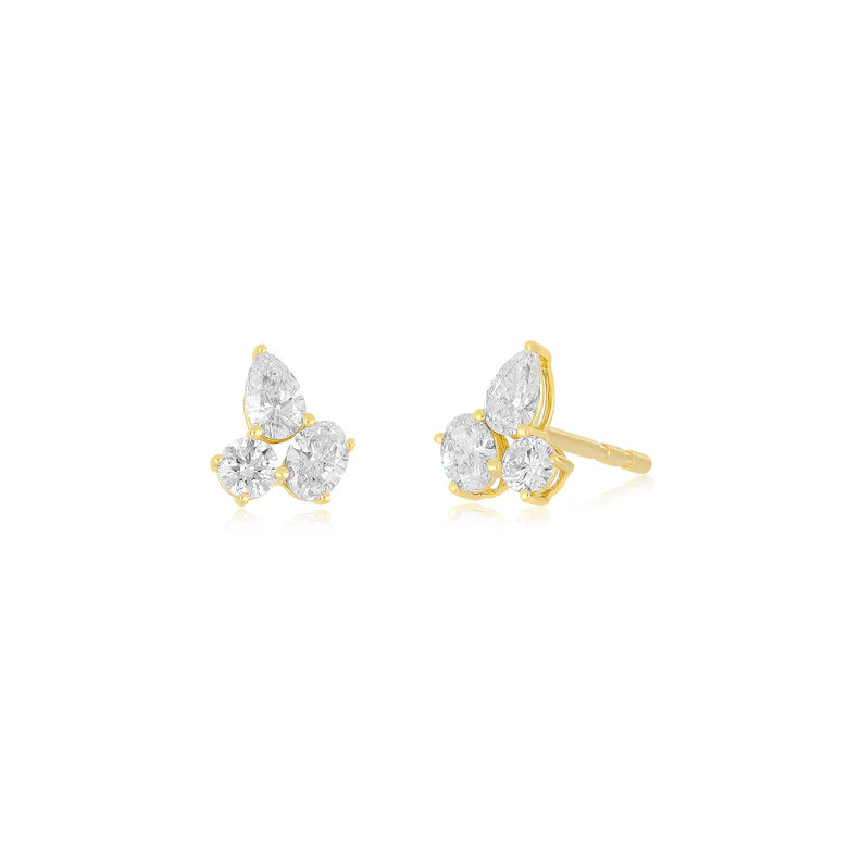 EF-Collection Triple Diamond Cluster Stud Earrings in yellow gold on white background.