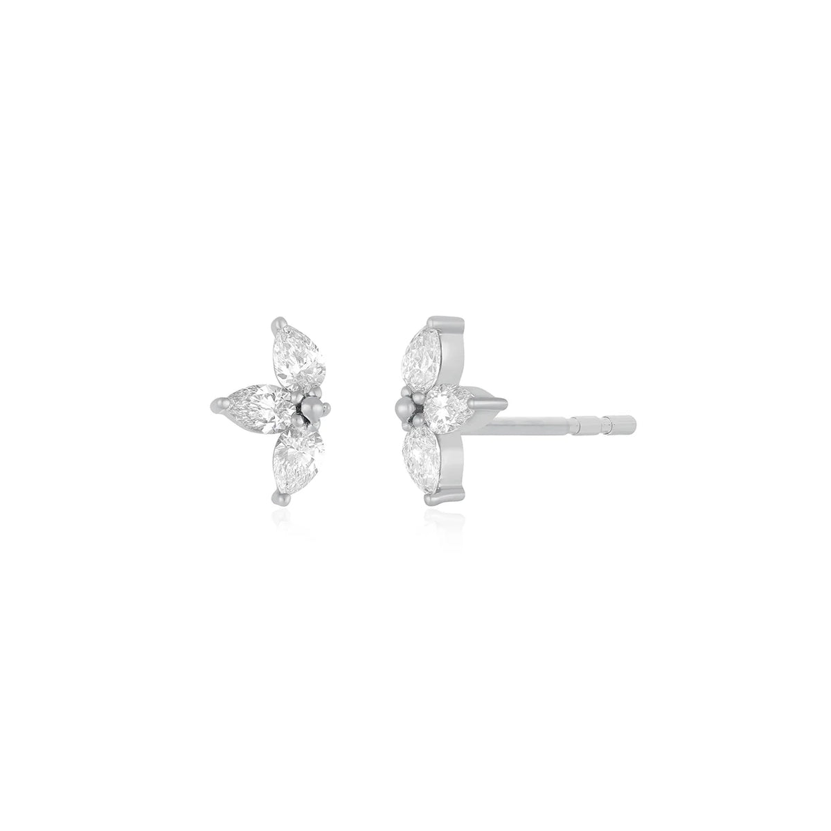 EF-Collection Triple Diamond Mini Pear Stud Earrings in white gold on white background