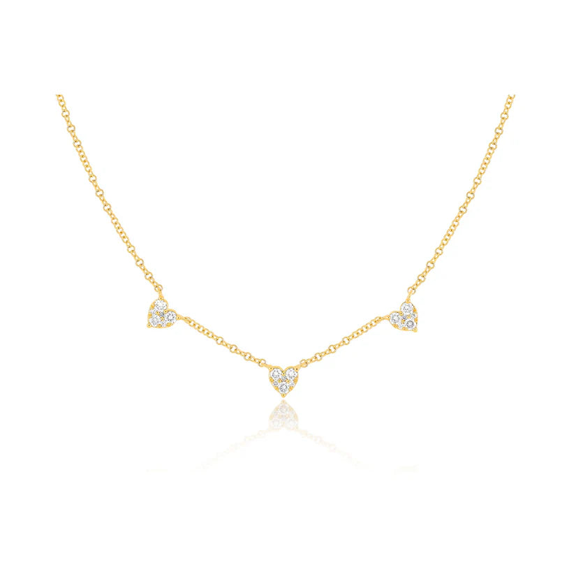 EF Collection Triple Full Cut Diamond Heart Necklace in yellow gold on white background.
