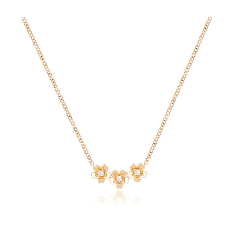 EF Collection Triple Gold and Diamond Mini Cherry Blossom Necklace in rose gold on white background.