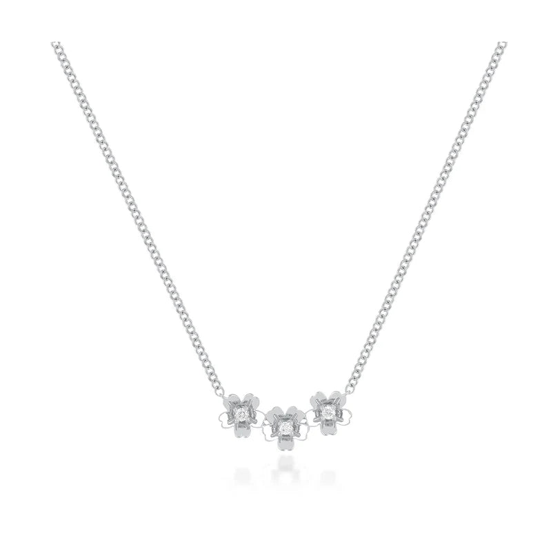 EF Collection Triple Gold and Diamond Mini Cherry Blossom Necklace in white gold on white background.