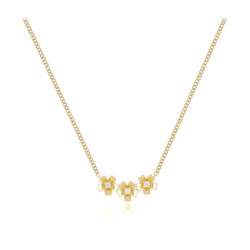 EF Collection Triple Gold and Diamond Mini Cherry Blossom Necklace in yellow gold on white background.