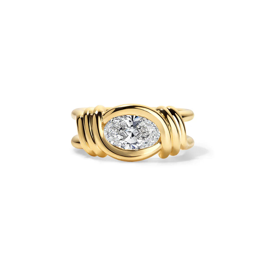 Rosario Navia Twist Link Oval Diamond Ring in yellow gold on white background