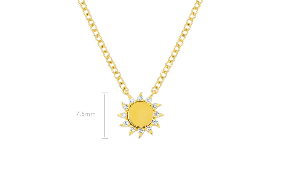 EF Collection You Are My Sunshine Diamond Necklace in yellow gold on white background with dimensions.