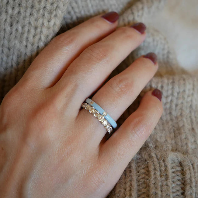 EF-Collection 3 Diamond & Baby Blue Enamel Stack Ring in yellow gold styled on models finger
