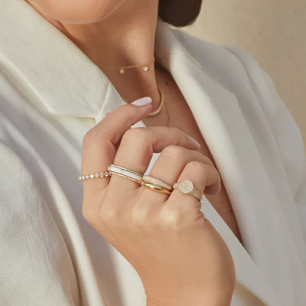 EF-Collection 3 Diamond & White Enamel Stack Ring in yellow gold styled on models finger
