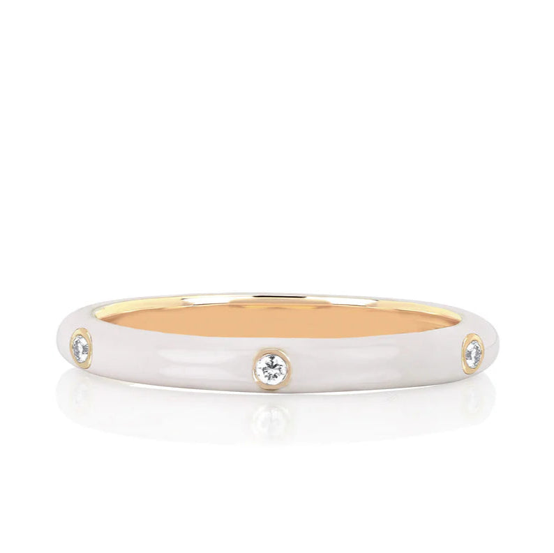 EF-Collection 3 Diamond & White Enamel Stack Ring in yellow gold on white background 