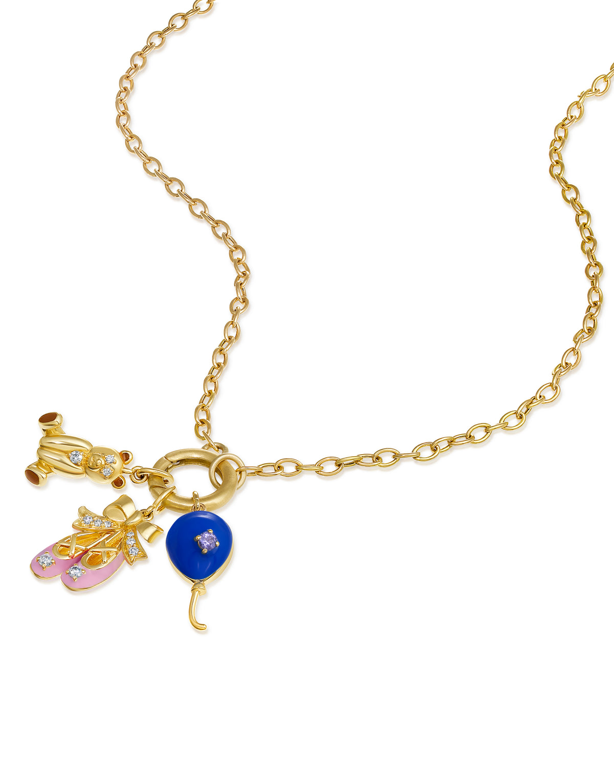 ONIRIKKA Gold necklace with colorful ENAMEL charms on a white background