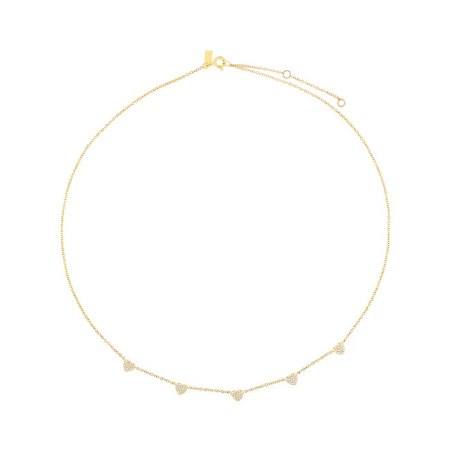 Full photo of EF Collection 5 Diamond Mini Heart Necklace in yellow gold on white background. 