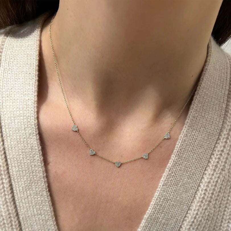 Single EF Collection 5 Diamond Mini Heart Necklace in yellow gold on models neck