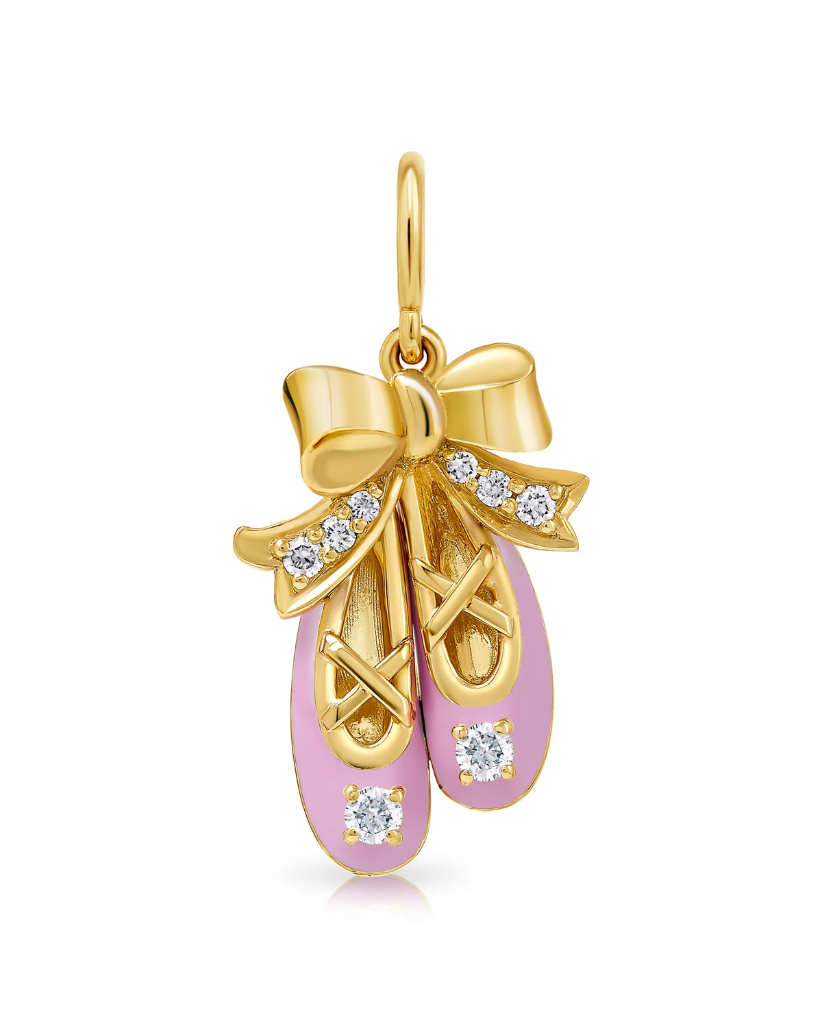 Onirikka Ballet Slippers Charm in 18k yellow gold with pink enamel and diamond details, feminine charm inspired by ballet and childhood dreams.