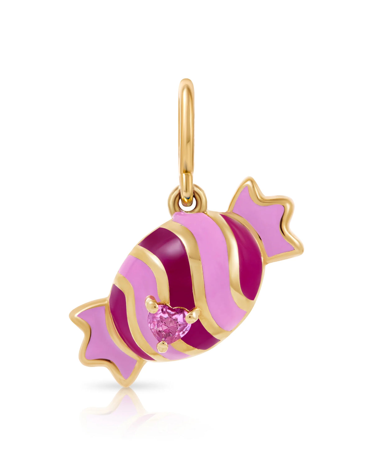 Onirikka Candy Charm in 18k yellow gold with pink enamel and pink sapphire heart gemstone, sweet luxury charm from the Nostalgia Collection.