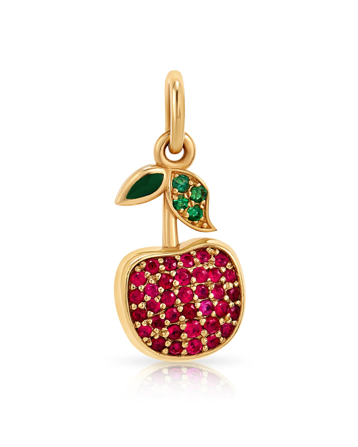 Onirikka Cherry Charm in 18k yellow gold with ruby and emerald gemstones, playful fine jewelry charm from the Nostalgia Collection.