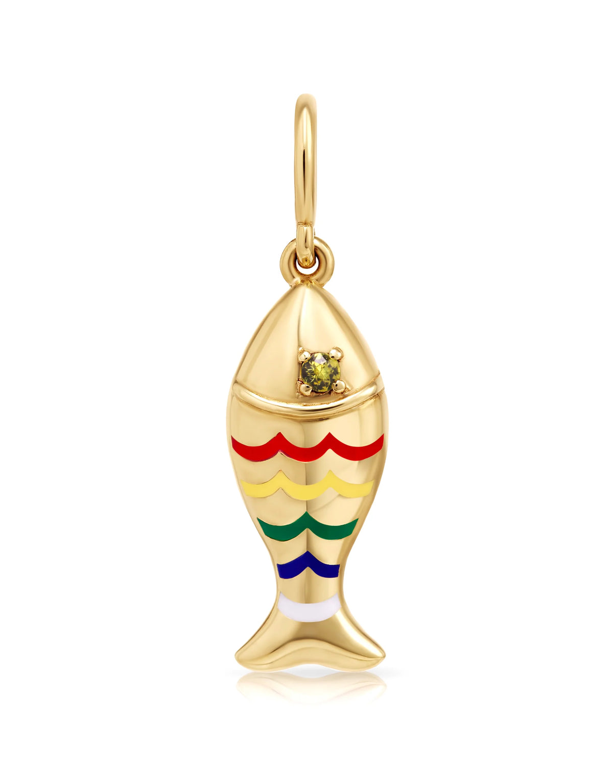 Onirikka Fish Charm in 18k yellow gold with multicolor enamel and citrine gemstone, playful charm from the Nostalgia Collection symbolizing joy and abundance.