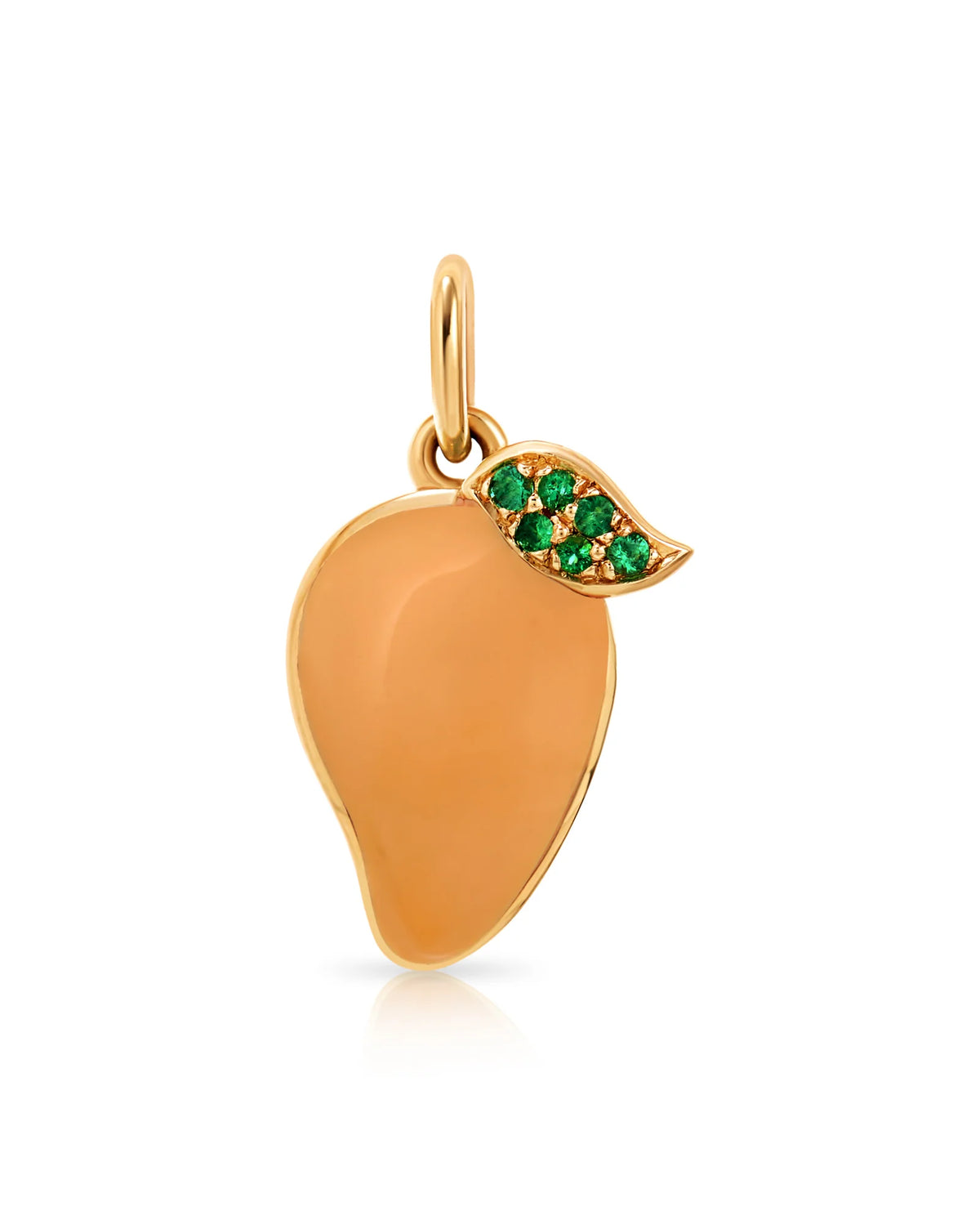 Onirikka Mango Peach Charm in 18k yellow gold with peach enamel and emerald gemstones, playful fine jewelry charm from the Nostalgia Collection.