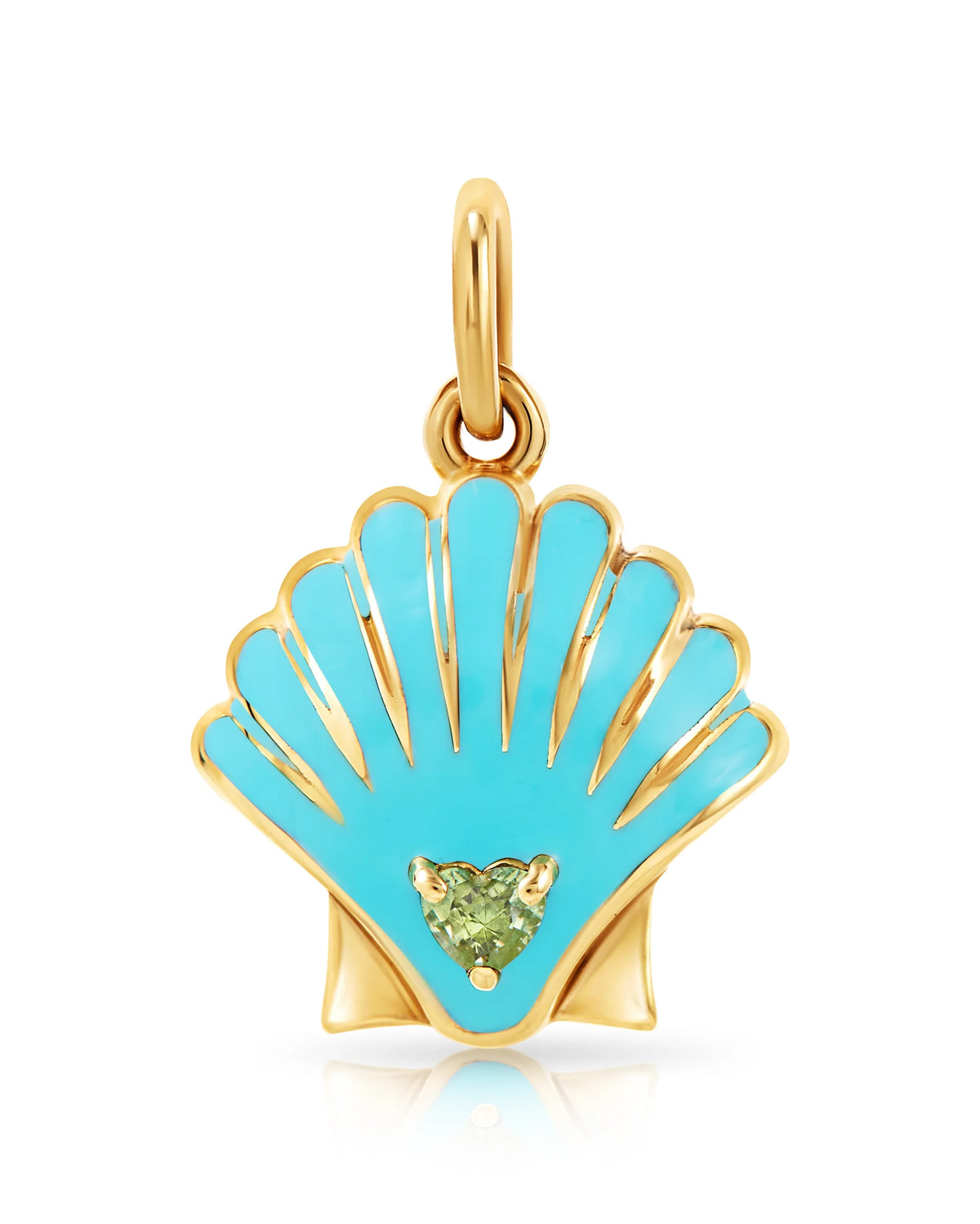 Onirikka Clam Shell Charm in 18k yellow gold with blue enamel and green sapphire heart gemstone, ocean-inspired charm from the Nostalgia Collection.
