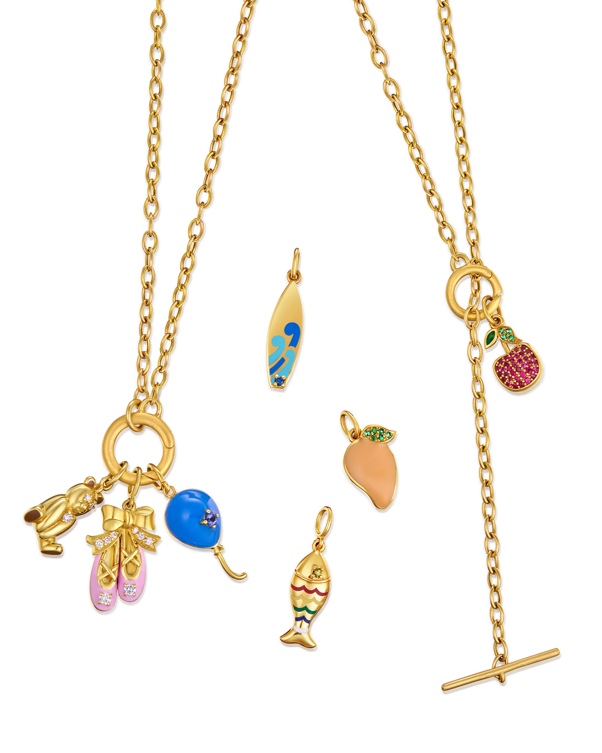 Set of gold Onirikka necklaces with Onirikka Teddy Bear Charm in 18k yellow gold with diamond accents, nostalgic fine jewelry charm symbolizing love and childhood memories.