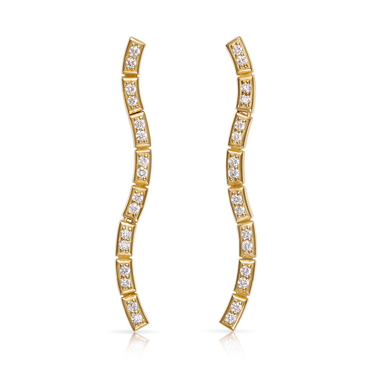 Onirikka Glimmer Wave Stilettos earrings in 18k yellow gold with 0.48 ctw diamonds, modern curved design handcrafted to follow the ear’s natural line.