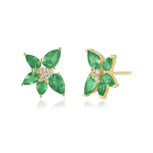 Product shot of Ef-Collection Emerald and Diamond Trio Cluster stud Earrings in yellow gold over a white background. 