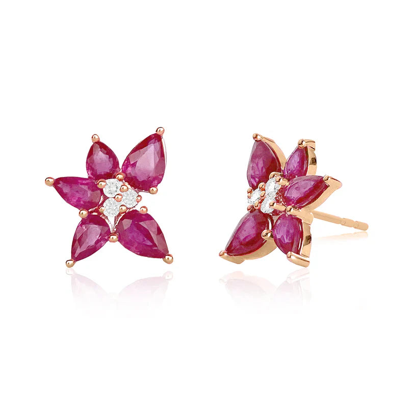 EF-Collection Ruby & Diamond Trio Cluster Stud Earrings