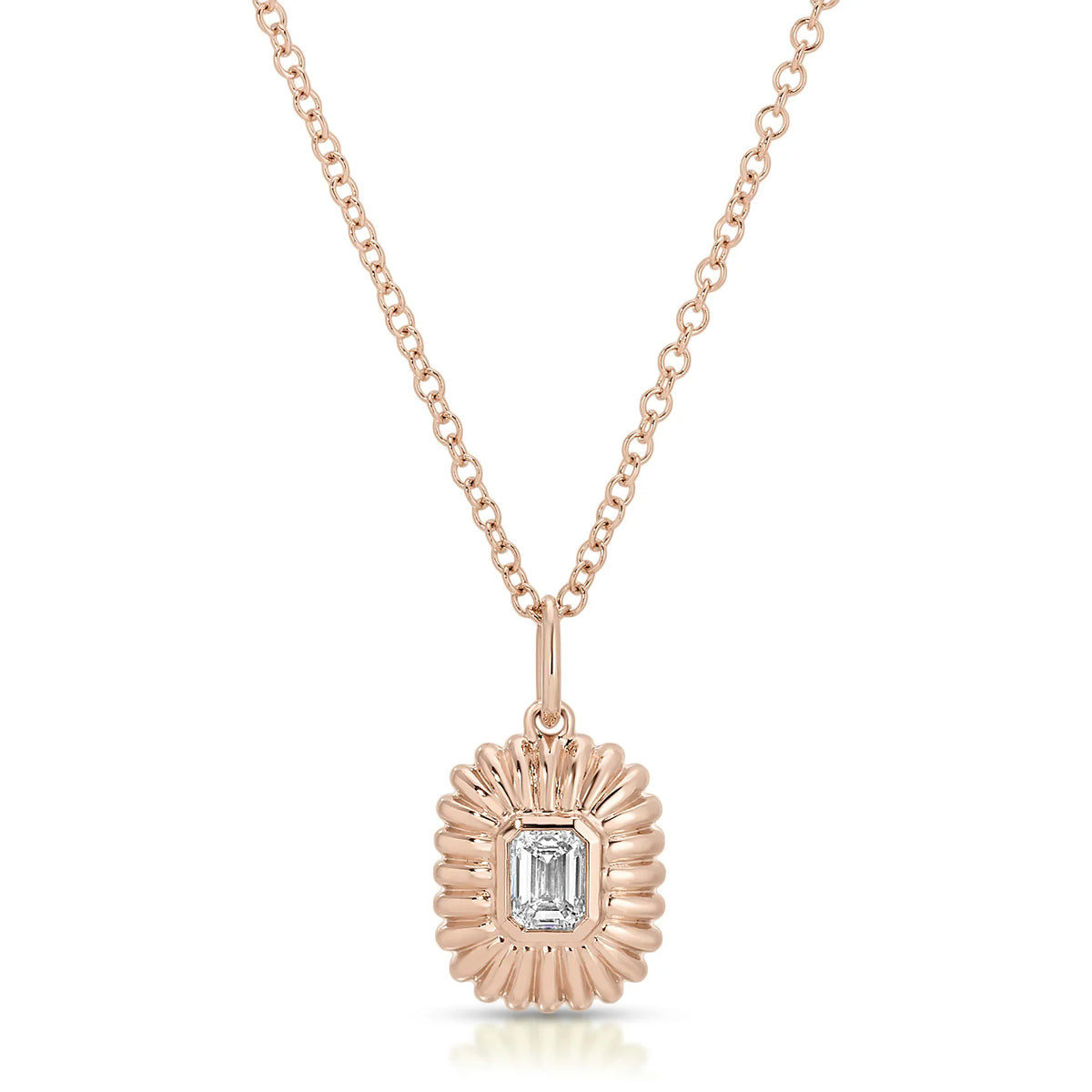 product image of EF-Collection Fluted Emerald Cut Diamond Necklace in rose gold and diamond on a white background.