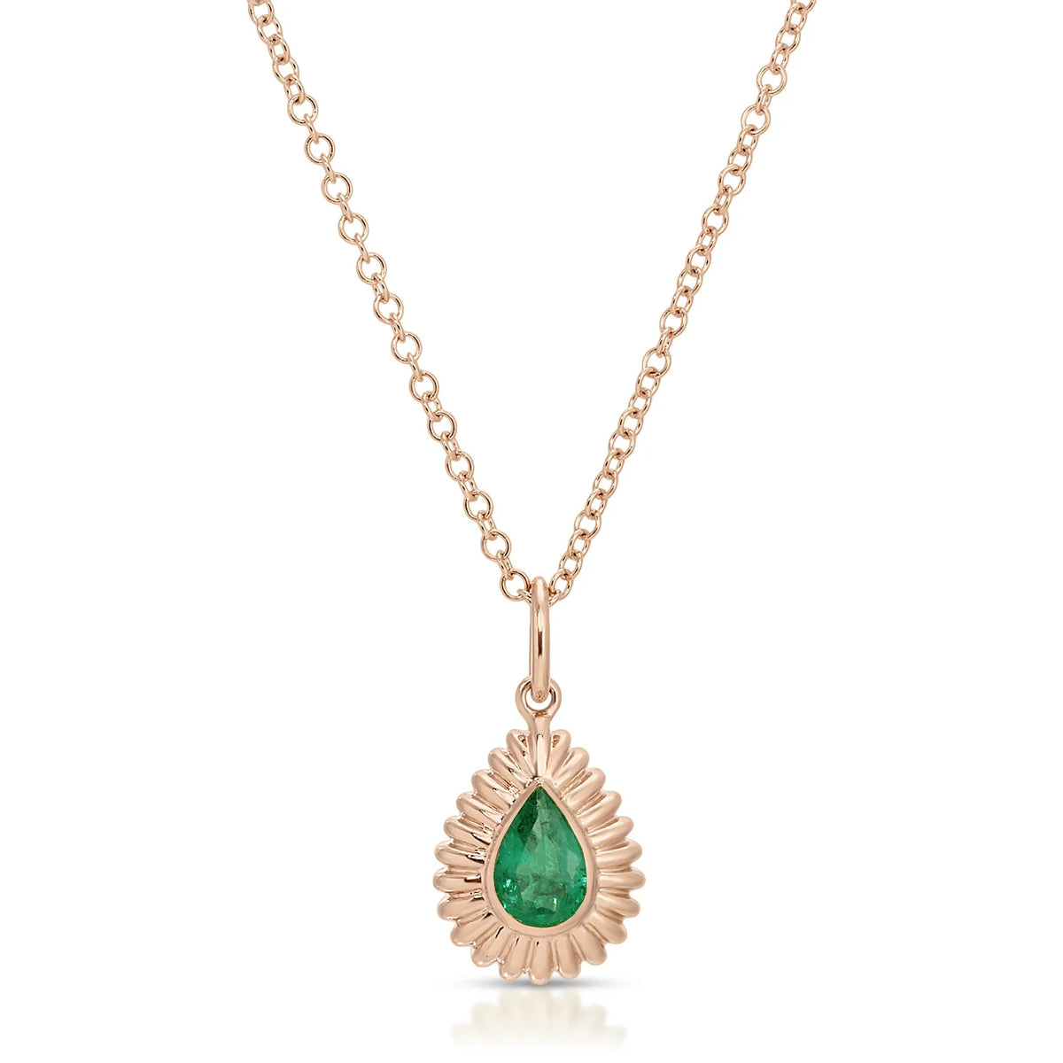 product image of EF-Collection Fluted Pear Emerald Necklace in rose gold and emerald on a white background. 