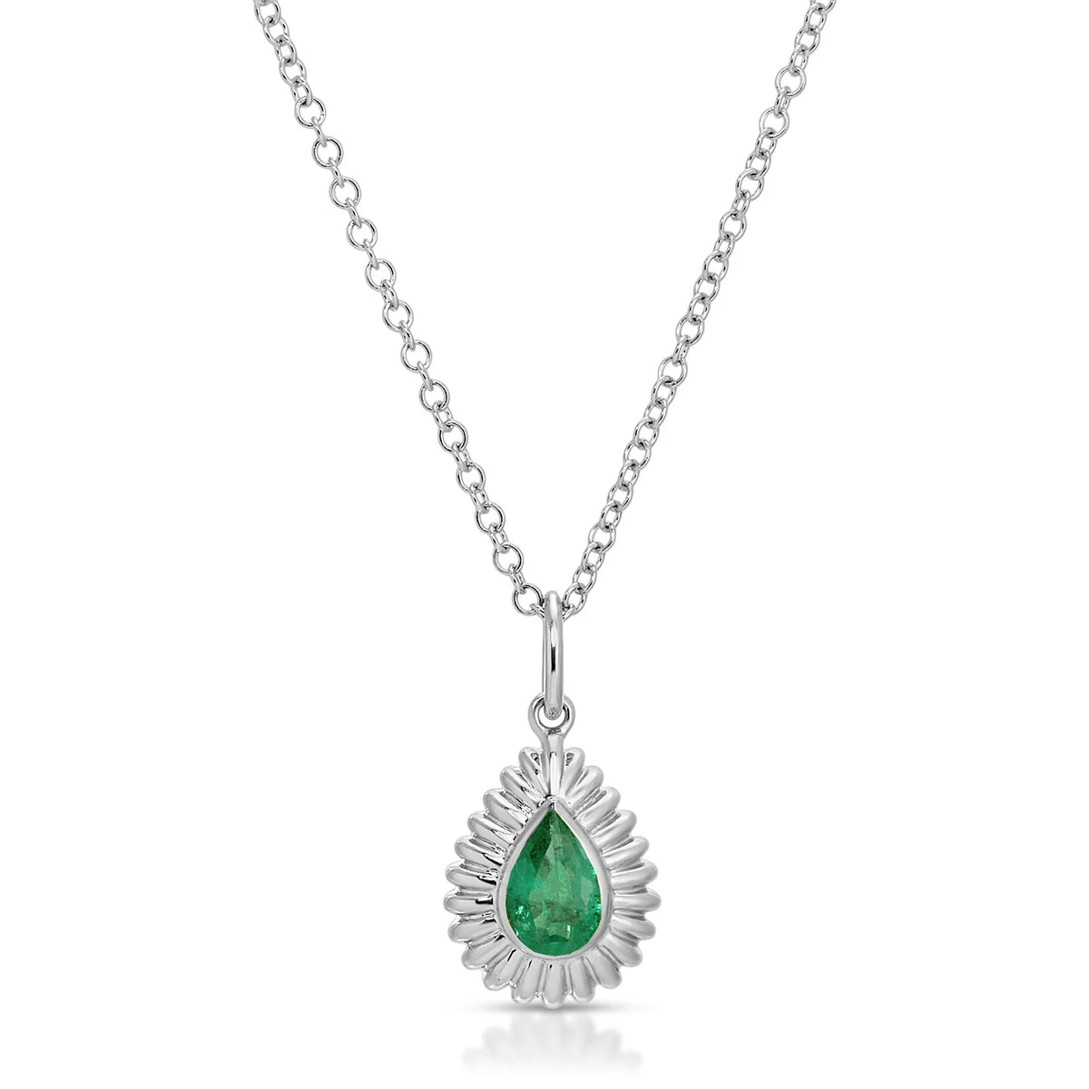 product image of EF-Collection Fluted Pear Emerald Necklace in white gold and emerald on a white background. 