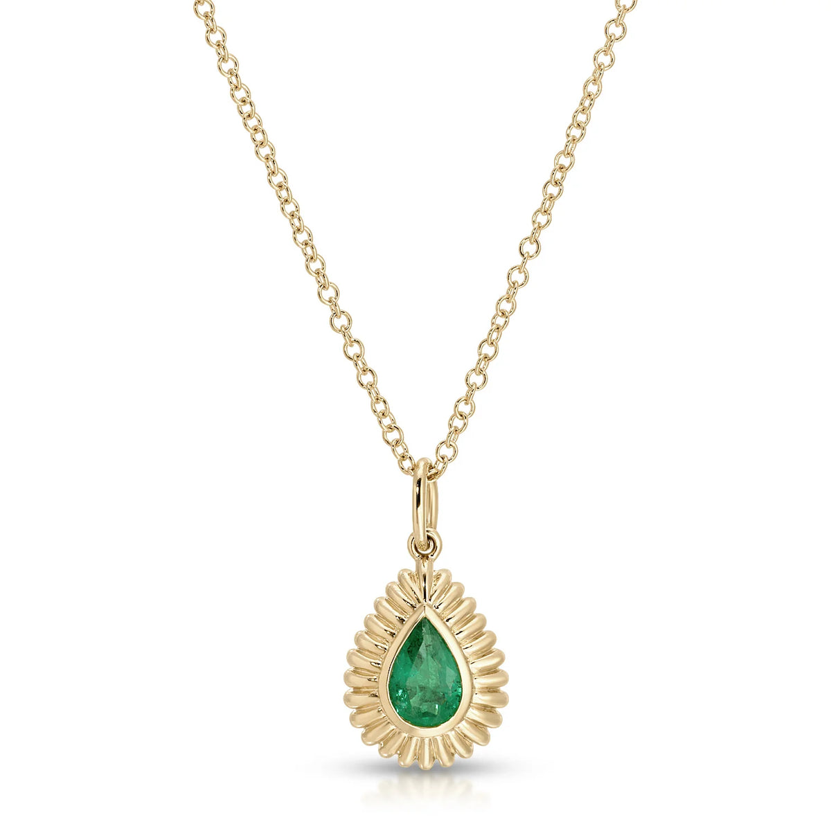 product image of EF-Collection Fluted Pear Emerald Necklace in yellow gold and emerald on a white background. 