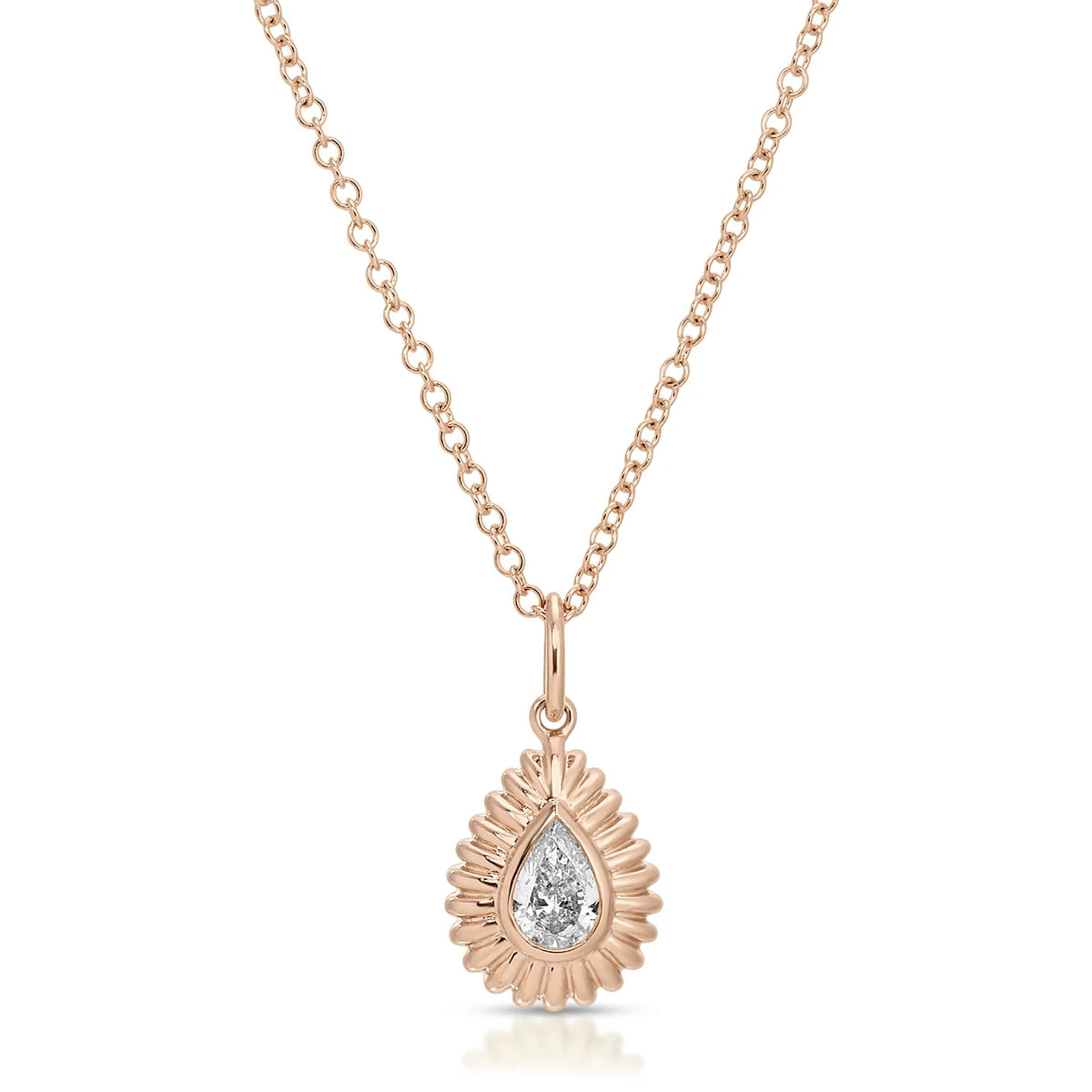 product image of EF-Collection Fluted Pear Diamond Necklace in rose gold and diamond on a white background. 