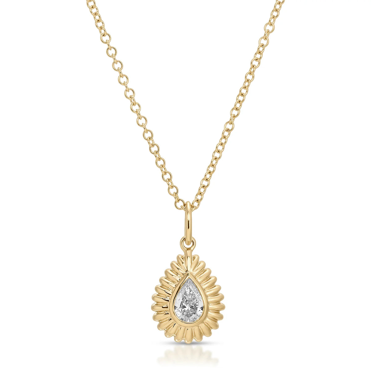 product image of EF-Collection Fluted Pear Diamond Necklace in yellow gold and diamond on a white background. 