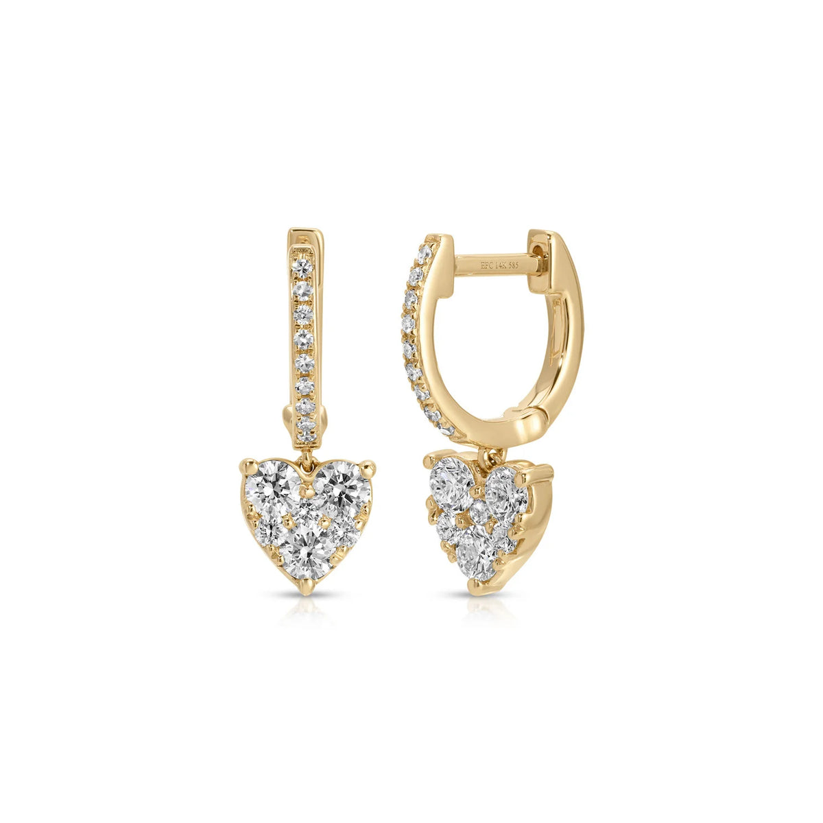 Product image of EF-Collection diamond heart mini huggie earrings in yellow gold and diamond on a white background. 
