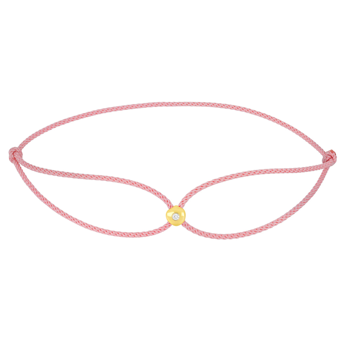 Product image of EF-Collection diamond dot cord bracelet in yellow gold and petal colored cord on a white background.