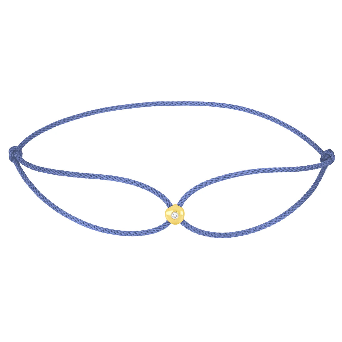 Product image of EF-Collection diamond dot cord bracelet in yellow gold and sky colored cord on a white background.