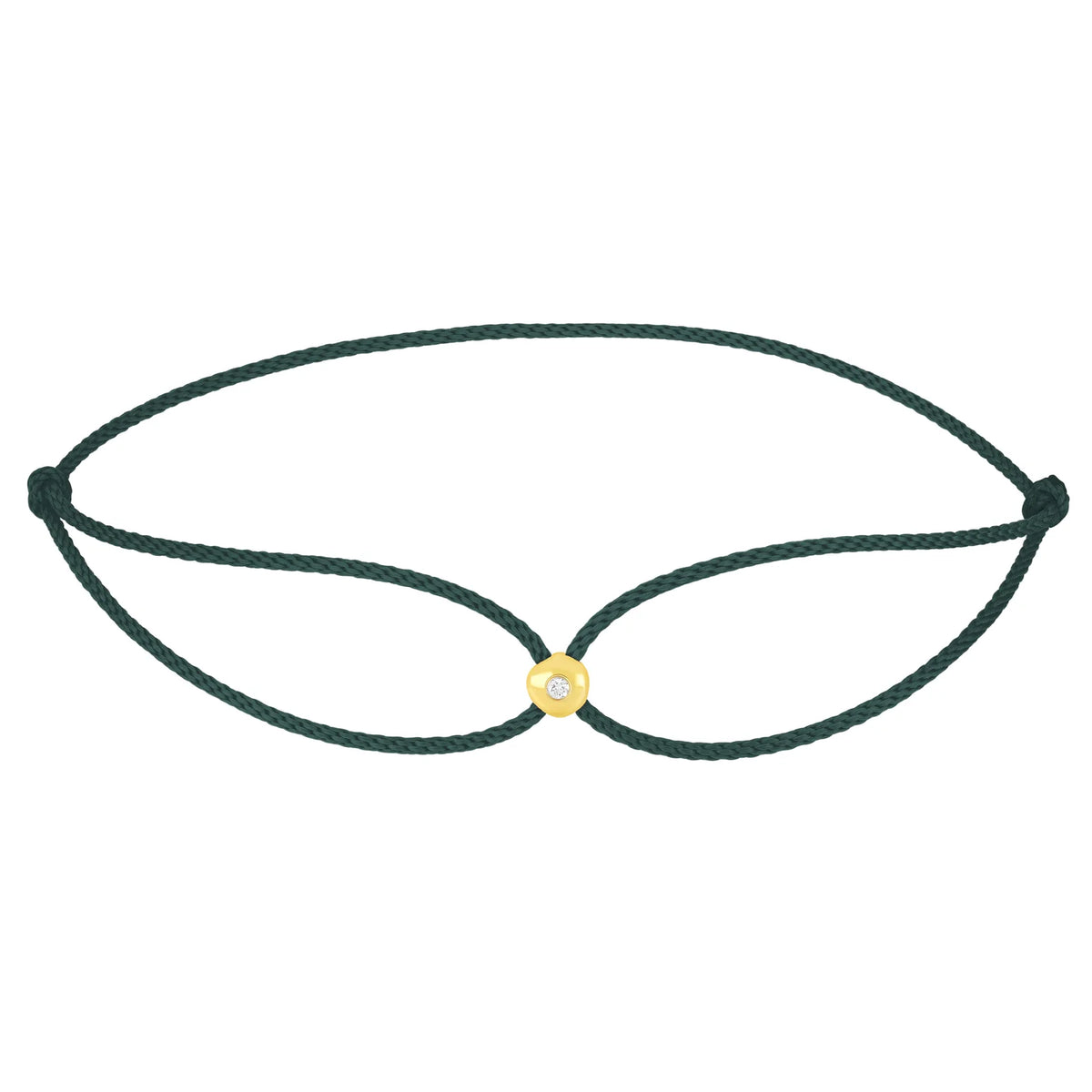 Product image of EF-Collection diamond dot cord bracelet in yellow gold and dark green colored cord on a white background.