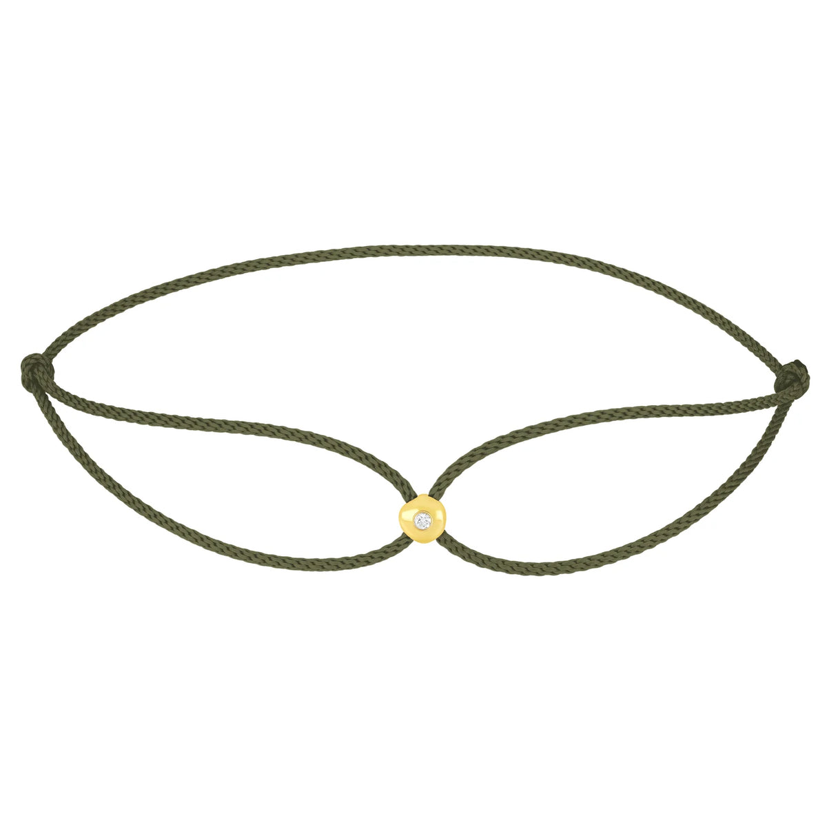 Product image of EF-Collection diamond dot cord bracelet in yellow gold and olive colored cord on a white background.