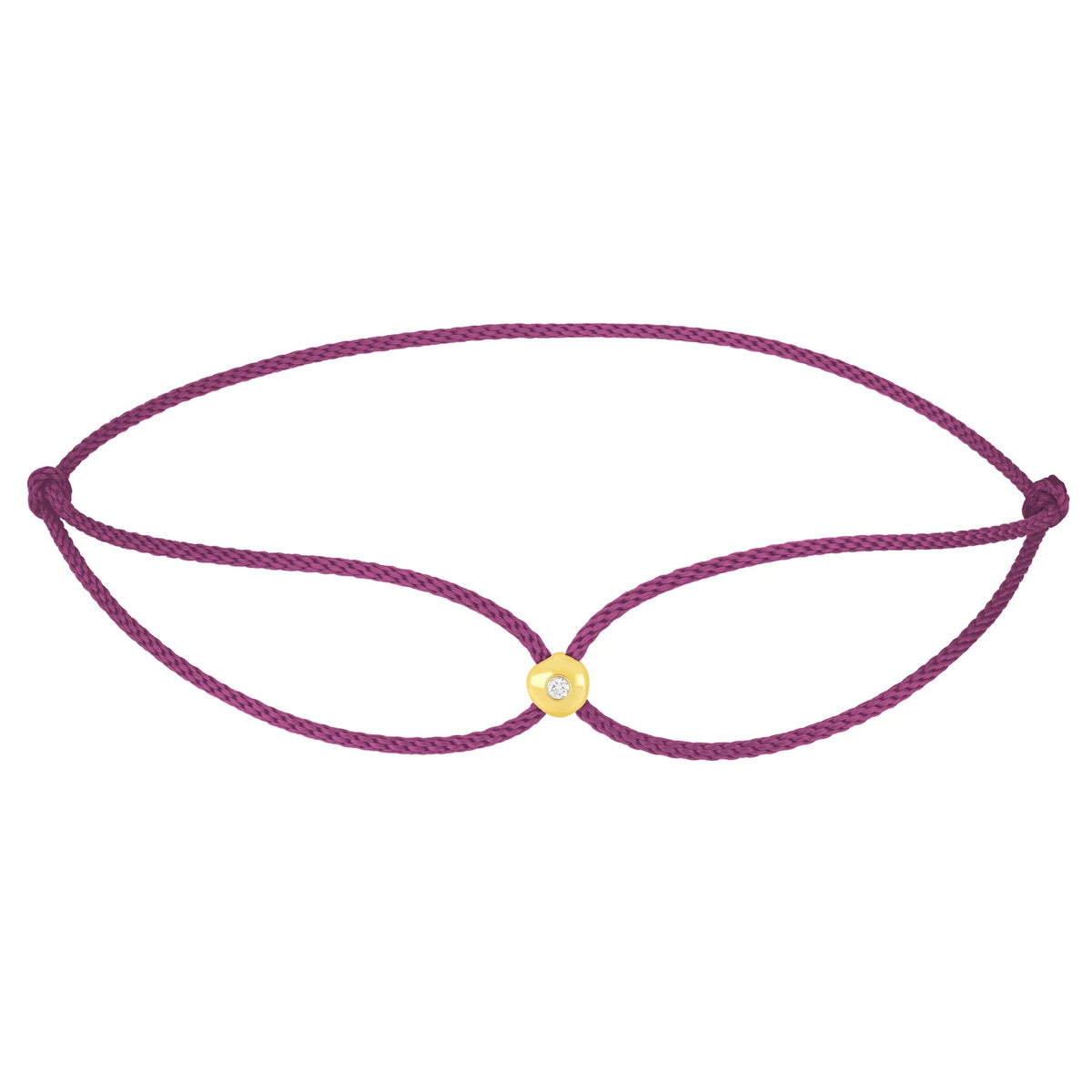 Product image of EF-Collection diamond dot cord bracelet in yellow gold and plum colored cord on a white background.
