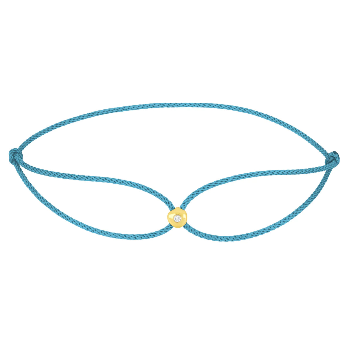 Product image of EF-Collection diamond dot cord bracelet in yellow gold and lagoon colored cord on a white background.
