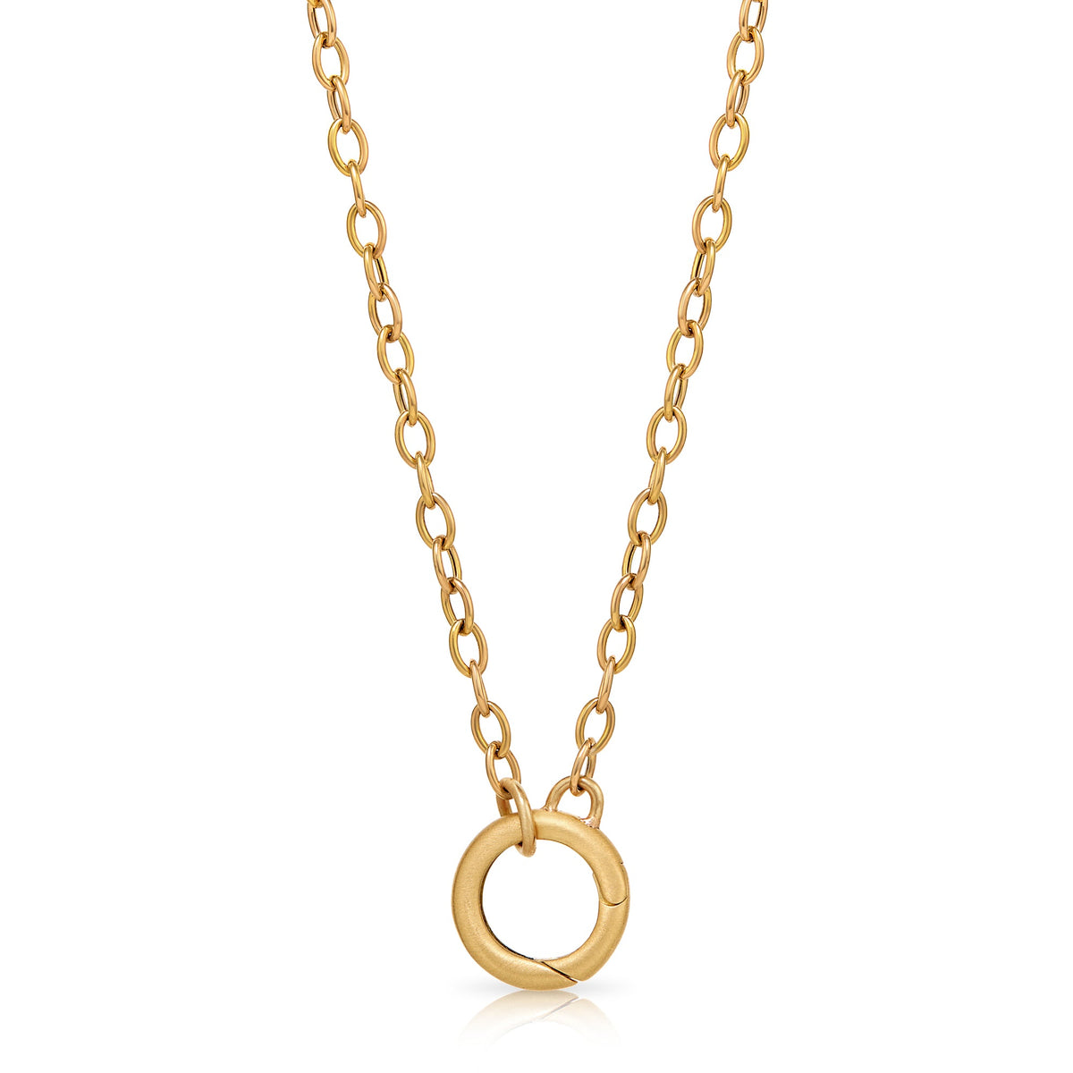 Onirikka Classic Charm Holder Necklace in 14k and 18k yellow gold with 3.3 mm rolo chain and 10 mm charm holder, designed for layering and holding fine jewelry charms.