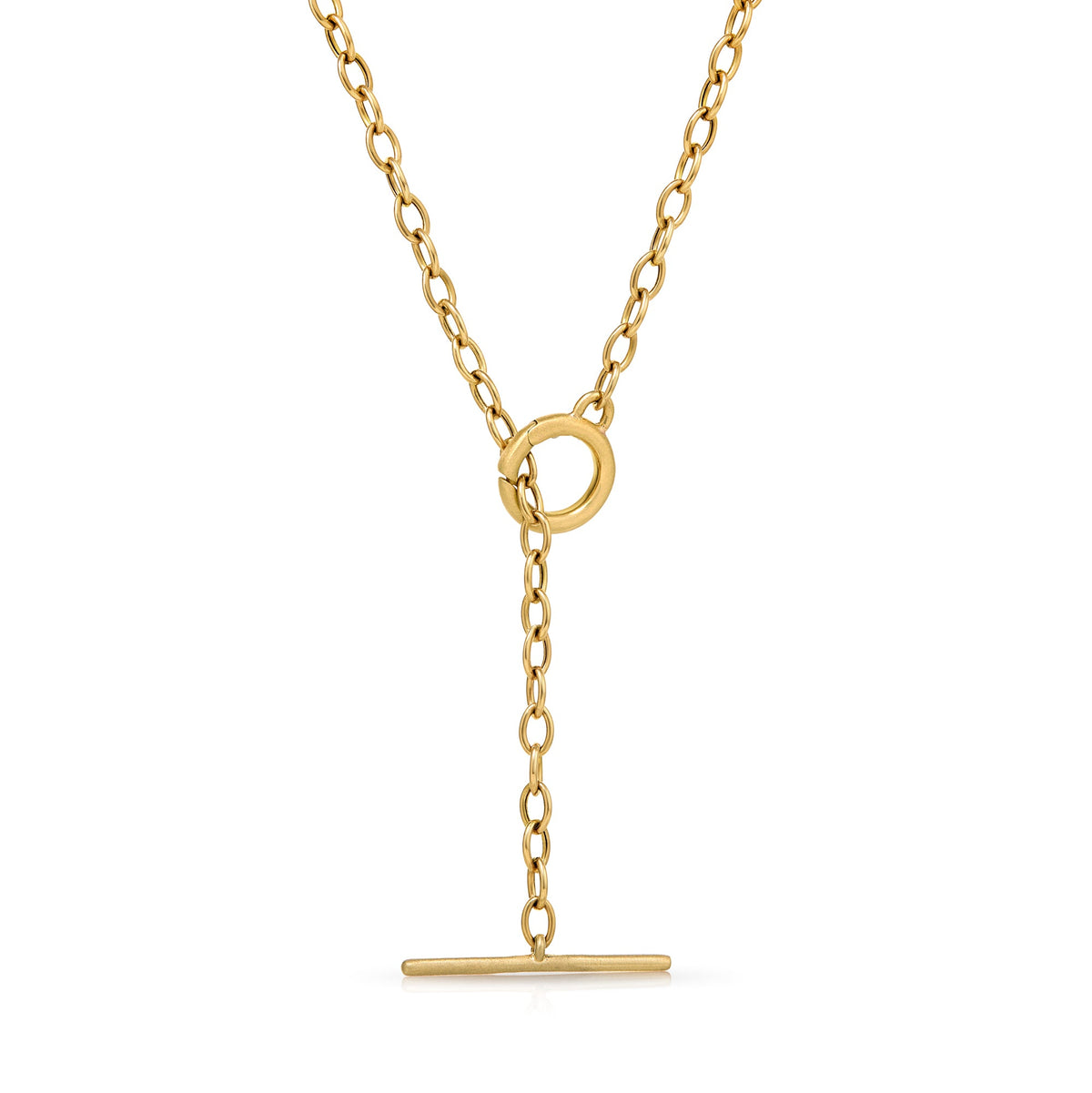 Onirikka Toggle Charm Holder Necklace in 14k and 18k yellow gold with rolo chain and toggle clasp, designed to hold fine jewelry charms.