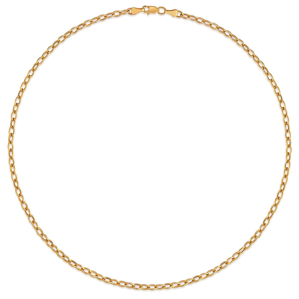 Product Shot of Onirikka 2mm rolo chain necklace in yellow gold on a white background.